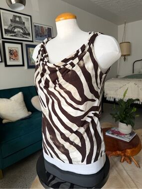 Jones New York Brown and Cream Zebra Print Draped Cowl Tank